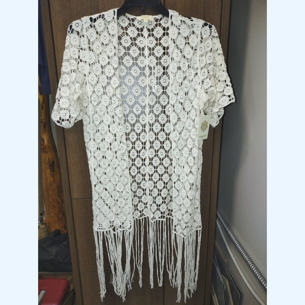 Rebellion Again Crochet Fringe Kimono Open Front Cover Up‎ XS